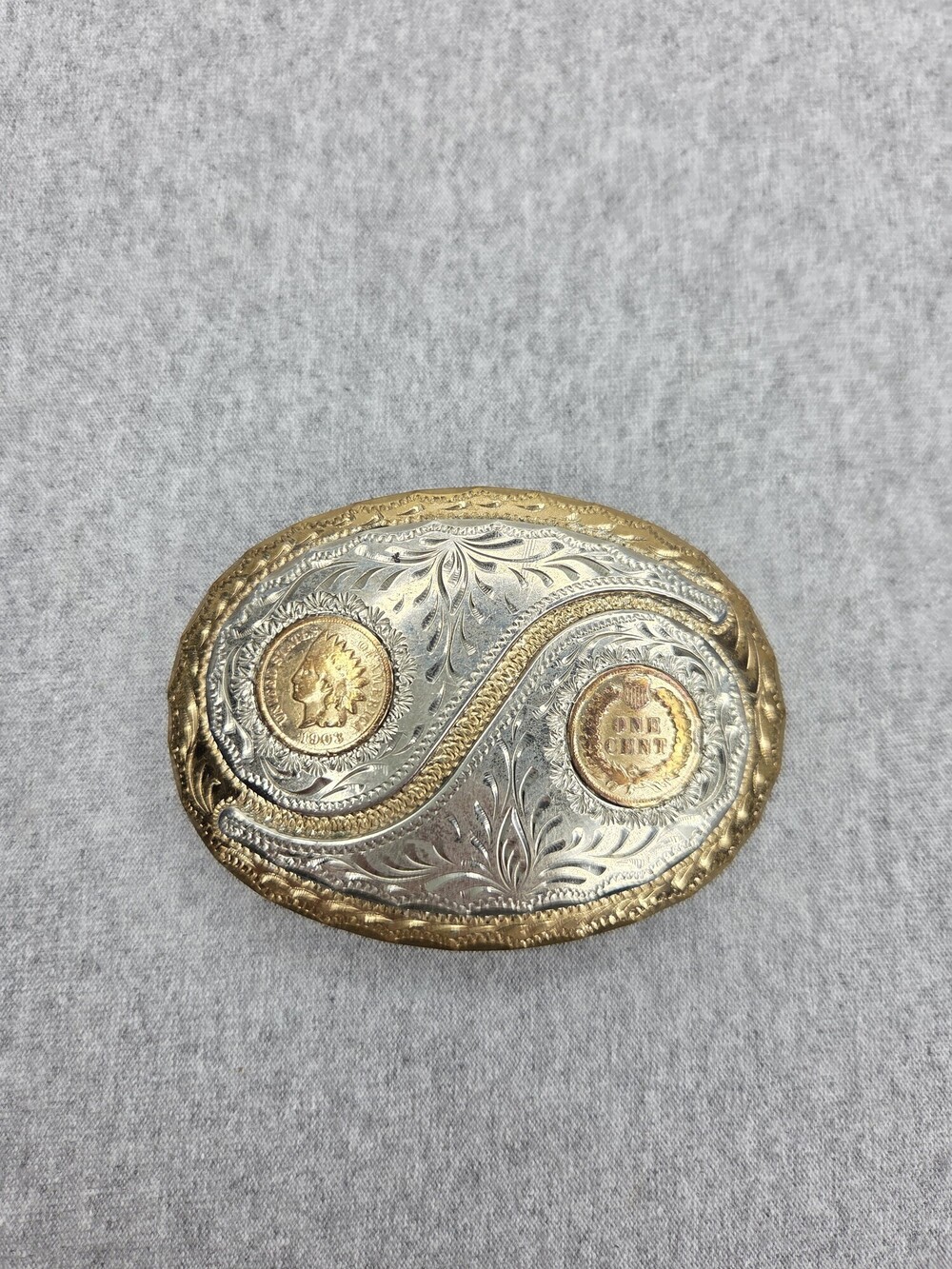 Rare 1903 Indian Head Penny Coin Western Belt Buckle Silversmith Collection